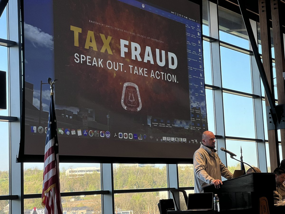 EASCarpenters's tweet photo. 🤜Stand Up to Tax Fraud🤛
Tonight at the LU 432 meeting #EASCarpenters Senior Council Representative Joel Niecgorski presented a video to members about the dangers Tax Fraud in #Pittsburgh
👇👇
https://t.co/ImfFFOnbLr
#StopTaxFraud #tfdoa2023 #PGH #EveryoneIsAVictim #Pitt https://t.co/BvY3JvuefU