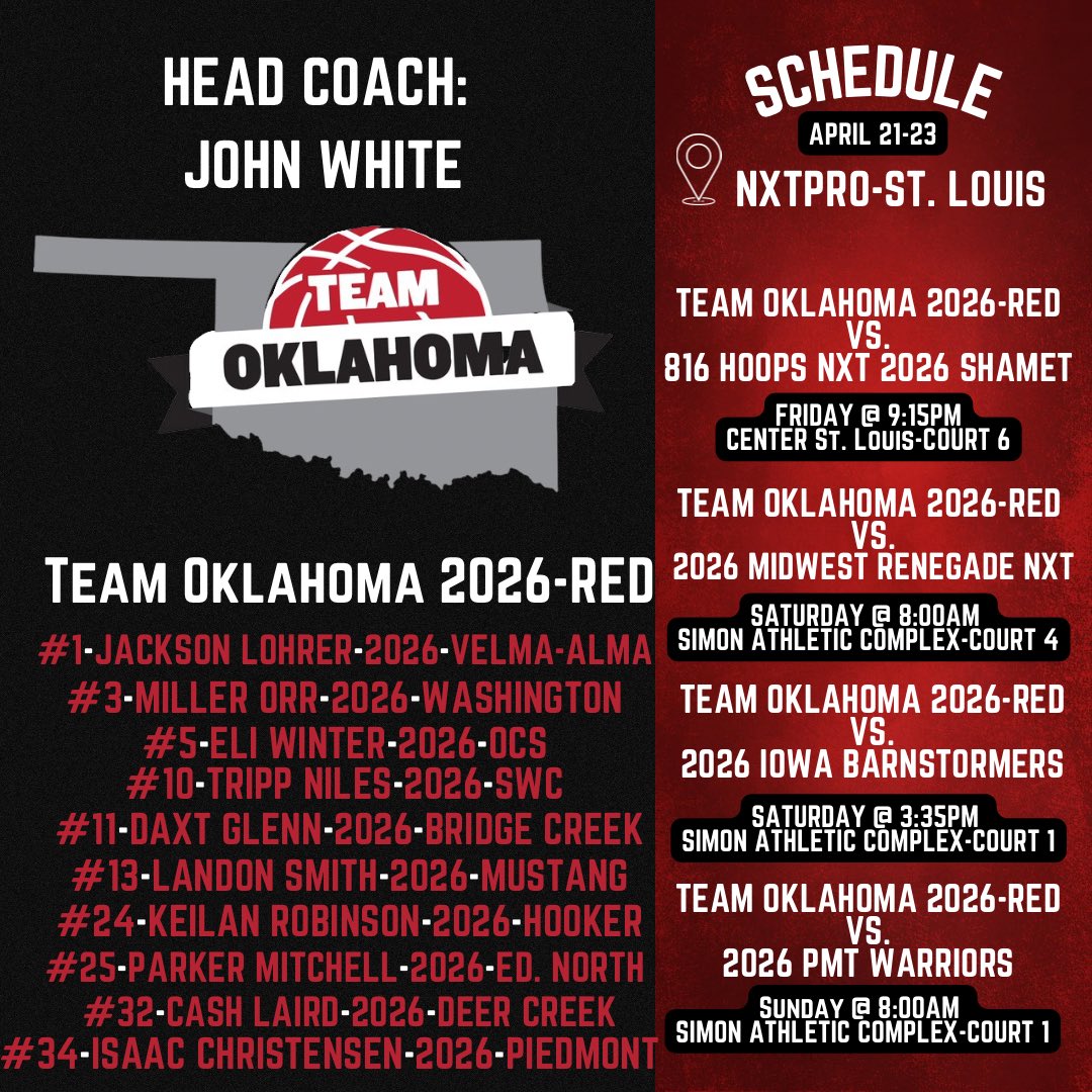 Team Oklahoma Boys Basketball (@teamokbb) on Twitter photo Look to check out our 2025-Red & 2026-Red teams as they are traveling up to St. Louis for the <a href="/PRO16League/">PRO16/NXTPRO League</a> live periods. Both of these groups are FUN to watch with some GREAT young talent!
@NXTPROHoopsOK | <a href="/OkieBall_1/">OkieBall</a> | <a href="/J_White0/">John White コミッションオープン</a> Look to check out our 2025-Red & 2026-Red teams as they are traveling up to St. Louis for the <a href="/PRO16League/">PRO16/NXTPRO League</a> live periods. Both of these groups are FUN to watch with some GREAT young talent!
@NXTPROHoopsOK | <a href="/OkieBall_1/">OkieBall</a> | <a href="/J_White0/">John White コミッションオープン</a>