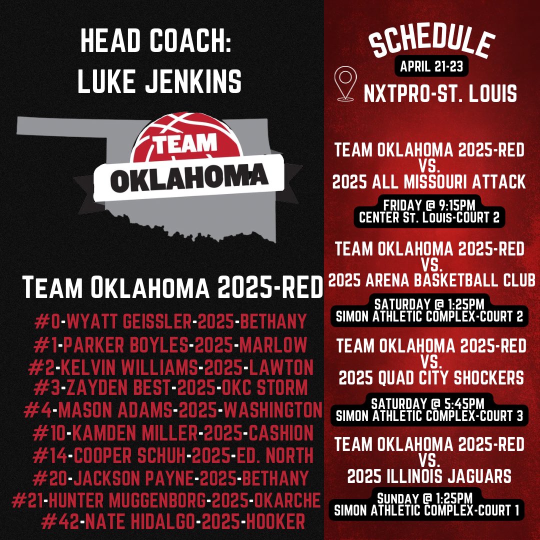 TeamOKBB's tweet photo. Look to check out our 2025-Red &amp; 2026-Red teams as they are traveling up to St. Louis for the @PRO16League live periods.  Both of these groups are FUN to watch with some GREAT young talent!

@NXTPROHoopsOK | @OkieBall_1 | @J_White0 https://t.co/WucQzjclQe