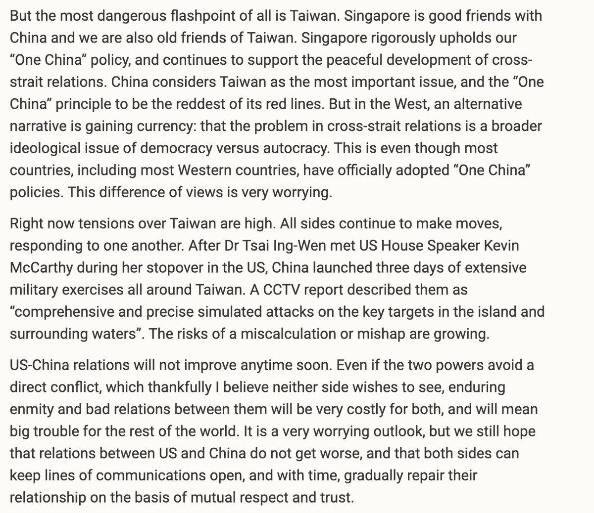 "US-China relations will not improve anytime soon. ... enduring enmity and bad relations between them will be very costly for both, and will mean big trouble for the rest of the world."

Worth reading Sing PM Lee speech yesterday, esp on Taiwan etc. 

pmo.gov.sg/Newsroom/PM-Le…