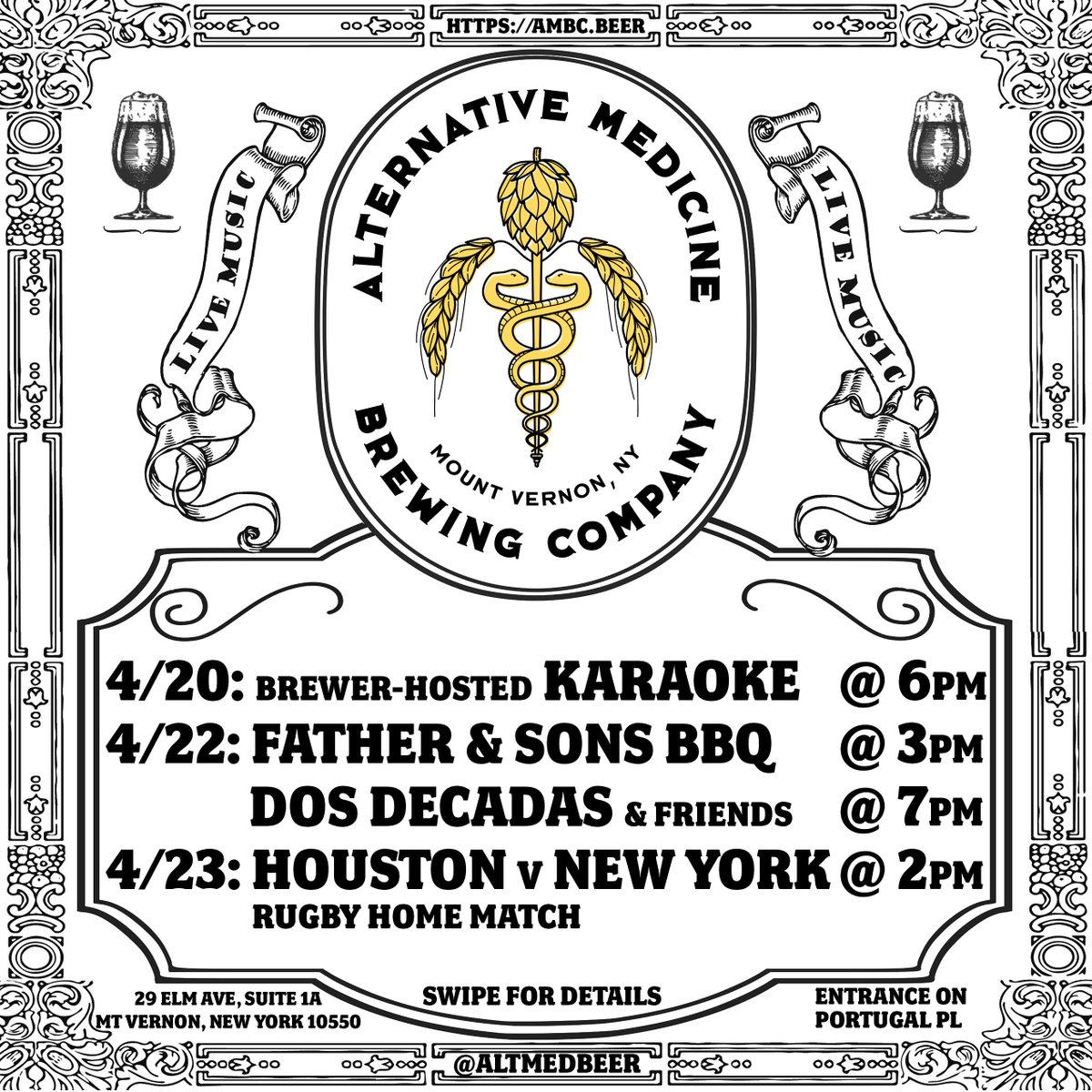 AltMedBeer's tweet photo. This week:
4/20: Brewer-Hosted Karaoke is back @ 6pm.

4/22: Father &amp; Sons BBQ 3 to 8 (or food runs out) &amp;Dos Decadas music @ 5pm

4/23: @rugbynewyork v @Hou_Sabercats
&amp; we’re open late for the aftermath! Kickoff @ 2:30

Want tickets? Enter for a chance:
https://t.co/4ScvzZfhAN https://t.co/O3paq9R6mV