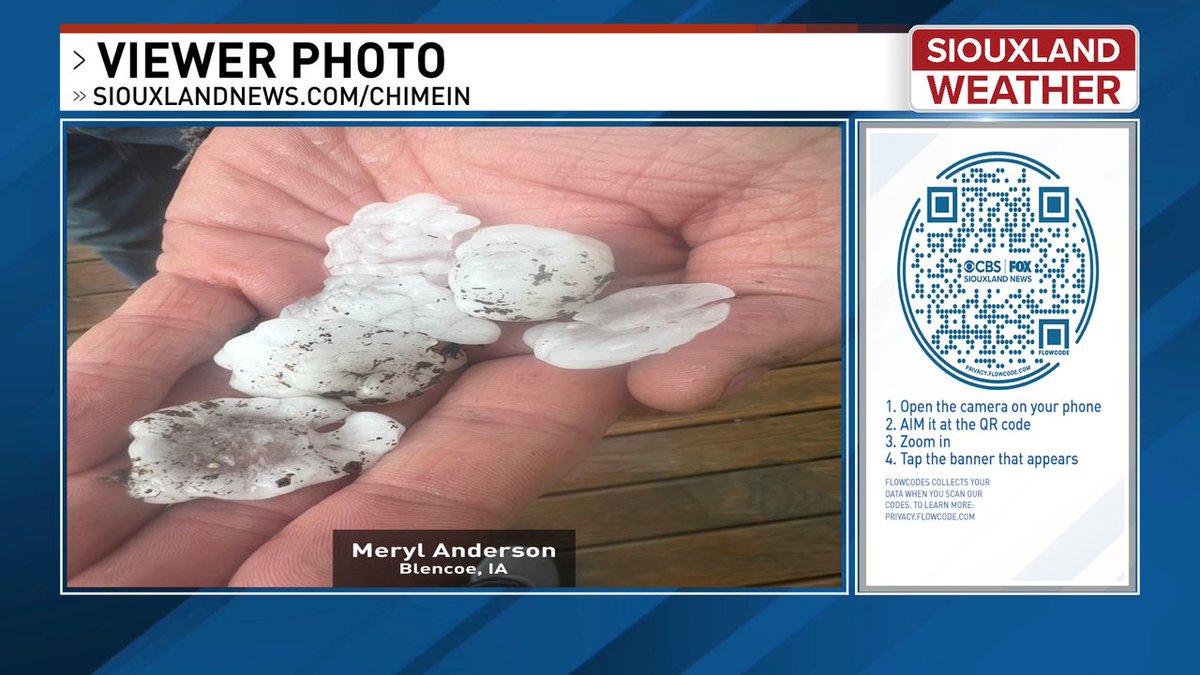 Meryl Anderson sent us this photo of ping pong ball size hail in Blencoe, IA. More storms are expected to develop through the evening. Submit storm photos or video to siouxlandnews.com/chimein