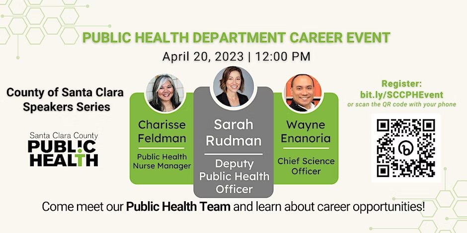 Public Health Job Alert! Come meet Santa Clara County's Public Health Team and learn more about our career opportunities. The first round of recruitments will be posted on 4/19/2023.

bit.ly/SCCPHEvent
#publichealth #career #careeropportunities #populationhealth
