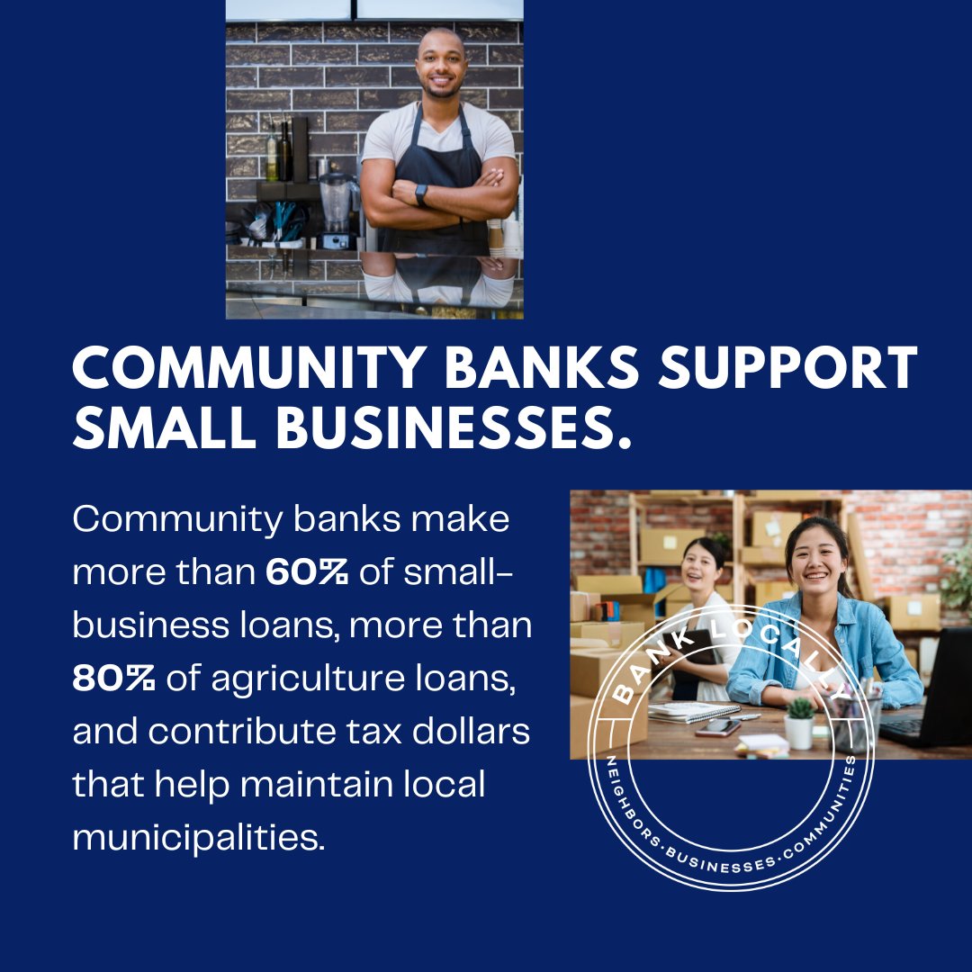Collectively, #communitybanks make more than 60% of small-business loans, more than 80% of agriculture loans, and contribute tax dollars that help maintain local municipalities. 
#CommunityBankingMonth #Banklocally