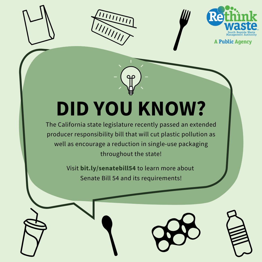 A new law passed in California mandating a reduction in single-use plastic packaging and pollution! Visit bit.ly/senatebill54 for more information on the new law, and how it will prevent waste in the coming years.
