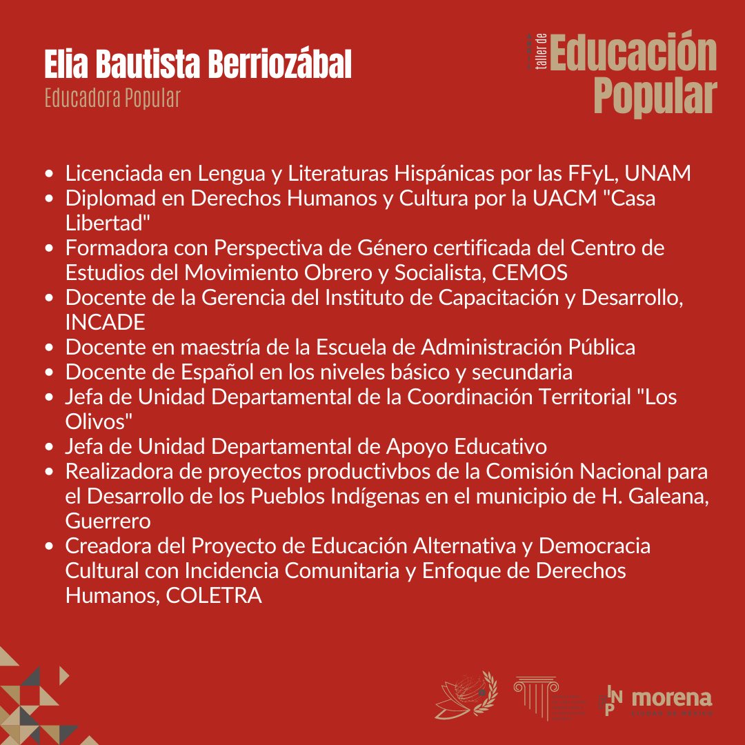 FPolticaCDMX's tweet photo. Continuamos presentando a nuestr@s ponentes.😃

Rafael Loyo, Laura Ugalde y Elia Bautista nos compartirán su experiencia y talento este 22 y 23 de abril en el Taller de Educación Popular.🙌

NO FALTES.✨ https://t.co/iLp9e7ClIw