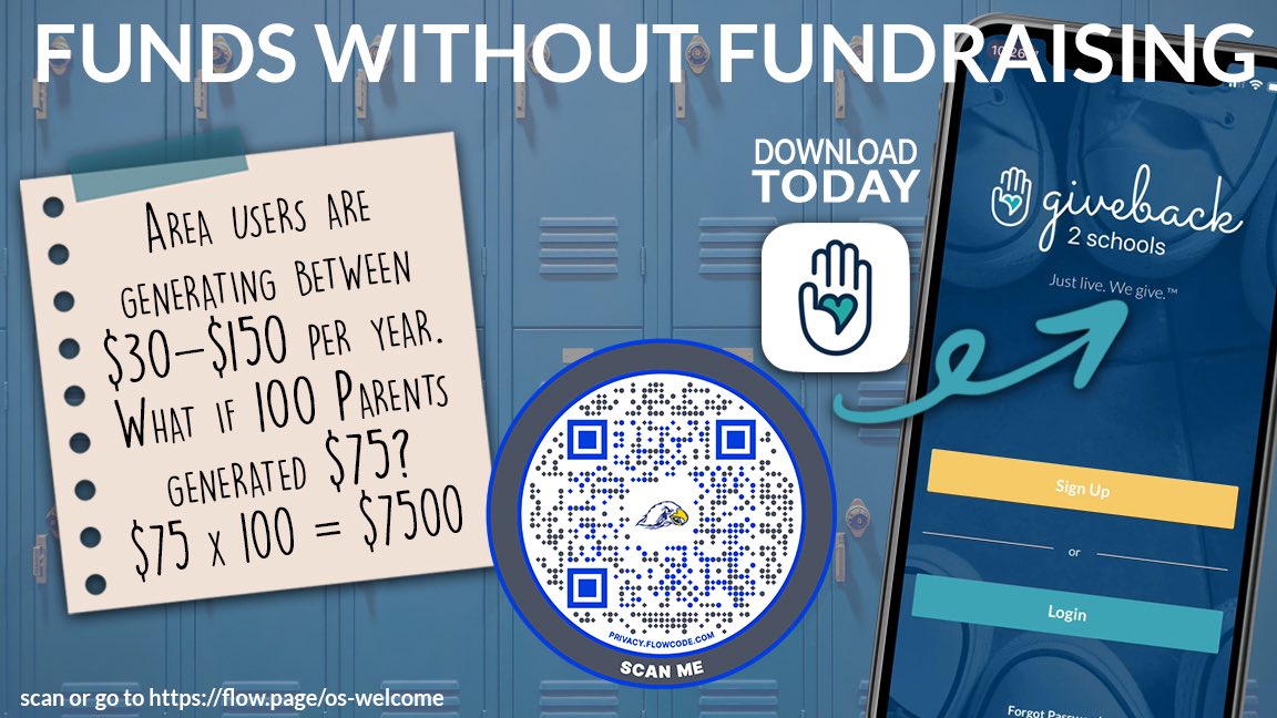 OlatheBusFin's tweet photo. Giveback2schools - is an app that turns everyday living into funds for DECA! Over 13 groups at OS are receiving checks and more are joining monthly. Scan the QR code (or go to the link). You will find a 90-second explainer video, FAQs, success stories from OS and district! ⁦ https://t.co/h861NtocuI