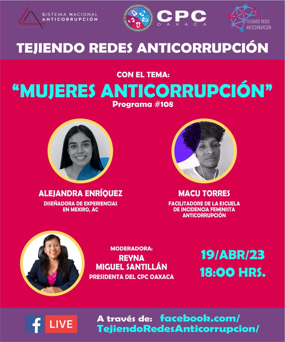 ReynaSantilla14's tweet photo. 📌Sigue #EnVivo el programa #TejiendoRedesAnticorrupción con el tema: “#MujeresAnticorrupción”, nos acompañan Ale, Diseñadora de Experiencias y Macu, Facilitadore de la Escuela de Incidencia #Feminista #Anticorrupción (#EIFA) @yoMexiro.

▶️#Únete hoy 18:00 horas por #FacebookLive https://t.co/wmWE6mSre8