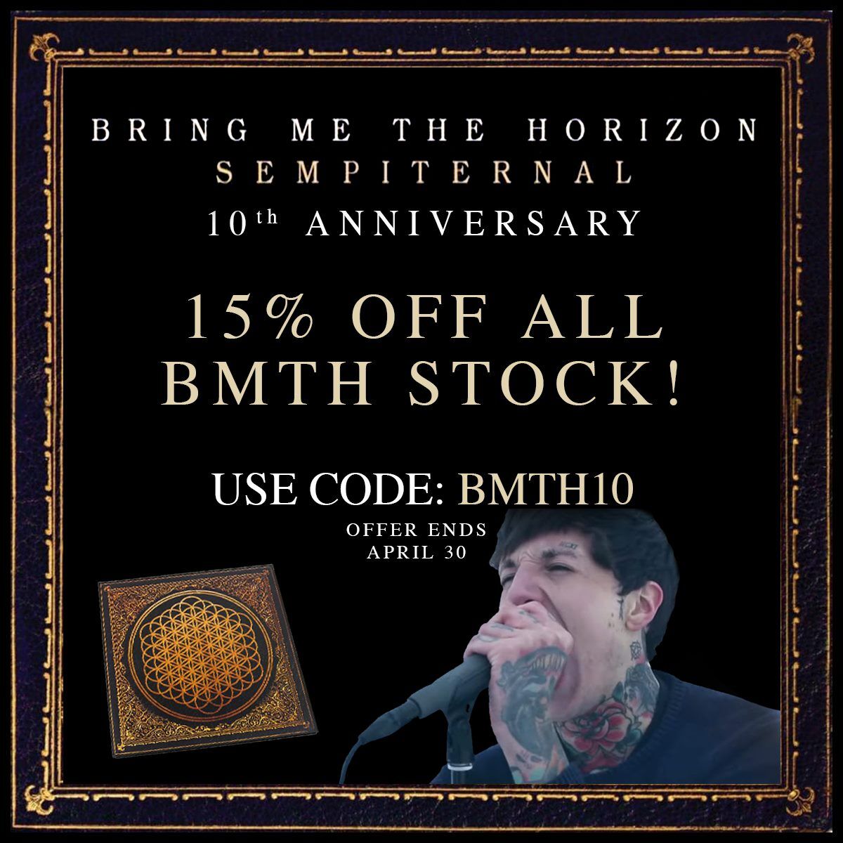 merch360's tweet photo. 🚨SALE ALERT🚨 Celebrate the 10th anniversary of Bring Me The Horizon’s Sempiternal album with 15% off all BMTH merchandise at https://t.co/aOvY8EPSj4! Don’t miss out! Sale finishes in 10 days! #BringMeTheHorizon #Sale #OfficialMerchandiseStore #BMTH #Merchandise #Sempiternal https://t.co/YAHzLNnvYJ