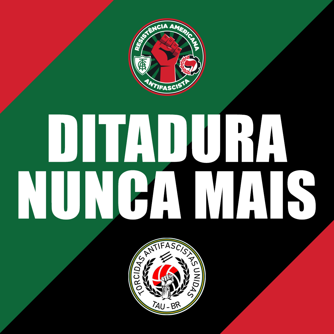 AmericaFCAntifa's tweet photo. DITADURA NUNCA MAIS

Na noite de ontem tomamos conhecimento do ocorrido com dois torcedores da flamenguistas, em que, após supostamente exibirem a faixa pedindo o justiçamento aos torturadores de 64, foram detidos e encaminhados ao Jecrim.
1/8 https://t.co/AgnEvemR18