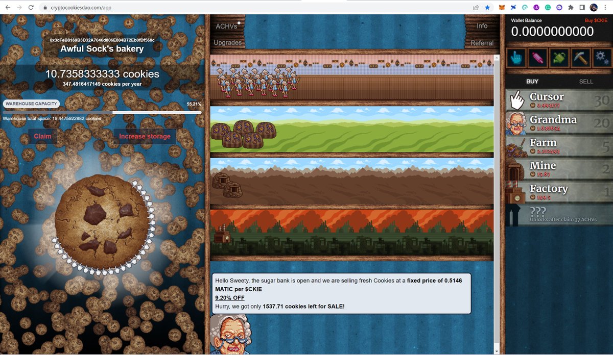 ReignMole's tweet photo. If you're looking for a great stable game that has been continuously developed for over a year, check out @CryptoCookieDao. As you progress through the game, you unlock buildings and achievements by producing $CKIE. This is the place you want to be when the bull run starts. https://t.co/Z9U8X4VKD1