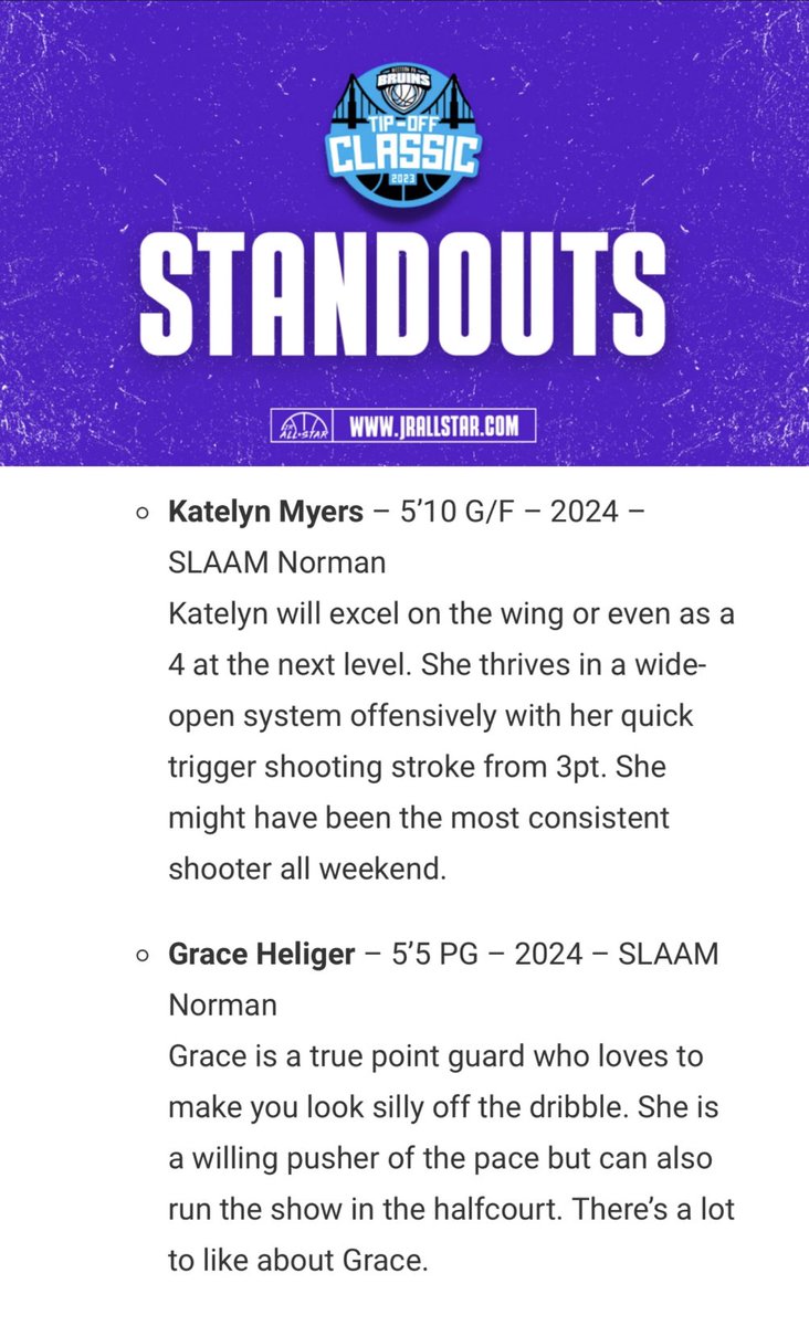 slaambasketball (@slaambasketball) on Twitter photo Shoutout to @Slaam24Norman!! LOVE how <a href="/katelyn_myers12/">Katelyn Myers</a> has attacked this AAU season! Shot is 💧! So glad <a href="/GHeliger/">Grace Heliger</a> joined us for the final ride, she is playing outstanding basketball!! #SLAAMFam. <a href="/JrAllStarBB/">Jr. All-Star Girls Basketball</a> Shoutout to @Slaam24Norman!! LOVE how <a href="/katelyn_myers12/">Katelyn Myers</a> has attacked this AAU season! Shot is 💧! So glad <a href="/GHeliger/">Grace Heliger</a> joined us for the final ride, she is playing outstanding basketball!! #SLAAMFam. <a href="/JrAllStarBB/">Jr. All-Star Girls Basketball</a>