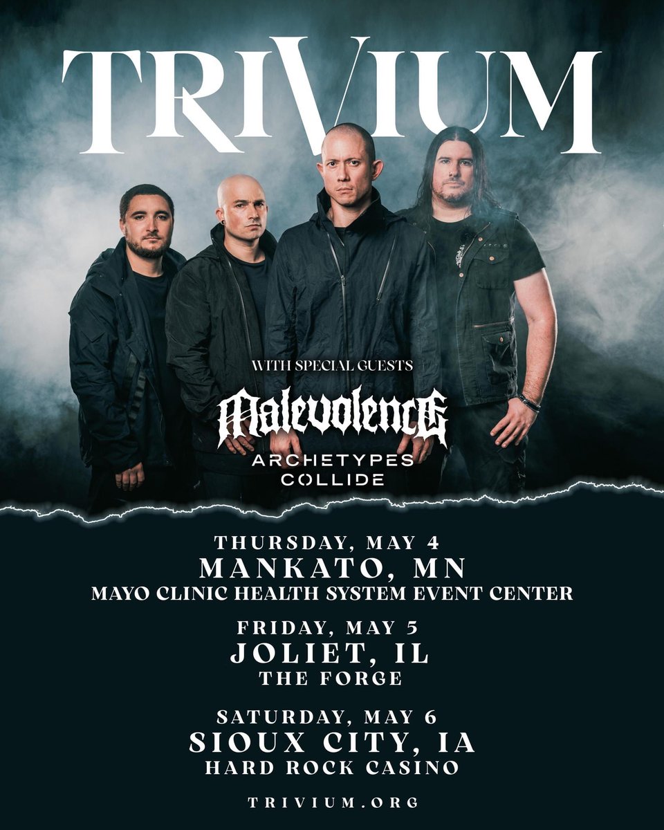 Mankato, MN! Do you have your tickets for our headline show at the Mayo Clinic Health System Event Center with special guest <a href="/malevolenceriff/">MALEVOLENCE</a> and <a href="/AtypesCollide/">Archetypes Collide</a>?! Get yours at: trivium.org/tour | See you there! 🐲

Photo: <a href="/BlackCardFilms/">Black Card Films</a>