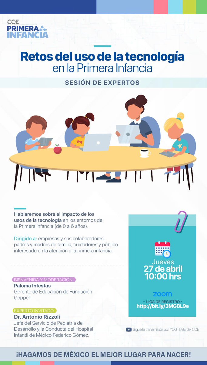 cceoficialmx's tweet photo. Acompáñanos a conocer cuál es el impacto de los usos de la #tecnología en los entornos de las niñas y los niños; a través del siguiente #webinar organizado por la Subcomisión de #PrimeraInfancia del #CCE y la #RedCCE de Empresas por la Primera Infancia.
📆 27/04
🕣 10 h
Registro 👉 https://t.co/cex7R00dZM