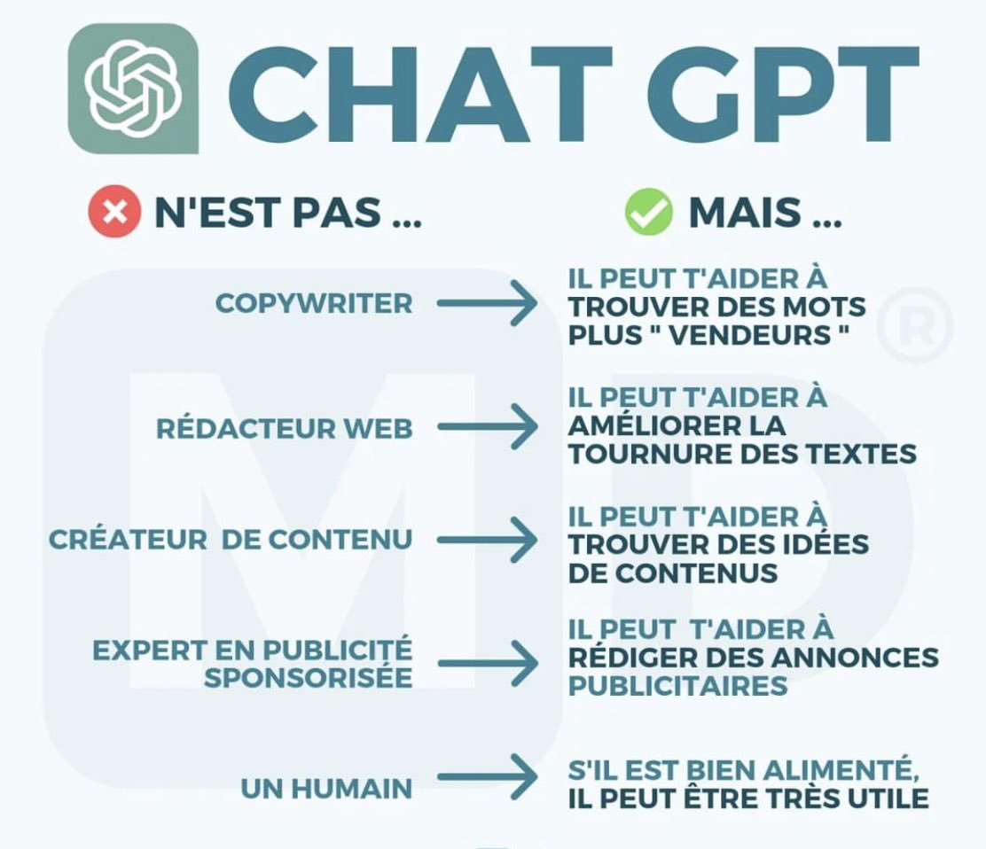 🔊Inutile de rappeler une nouvelle fois que Chat GPT n'est pas un humain.

📌D'ailleurs, quoiqu'il en soit, il y aura toujours besoin de ce même être humain pour mettre la machine de cet IA, en route☑️
#digital #AI 
#chatgpt #digitalmarketing