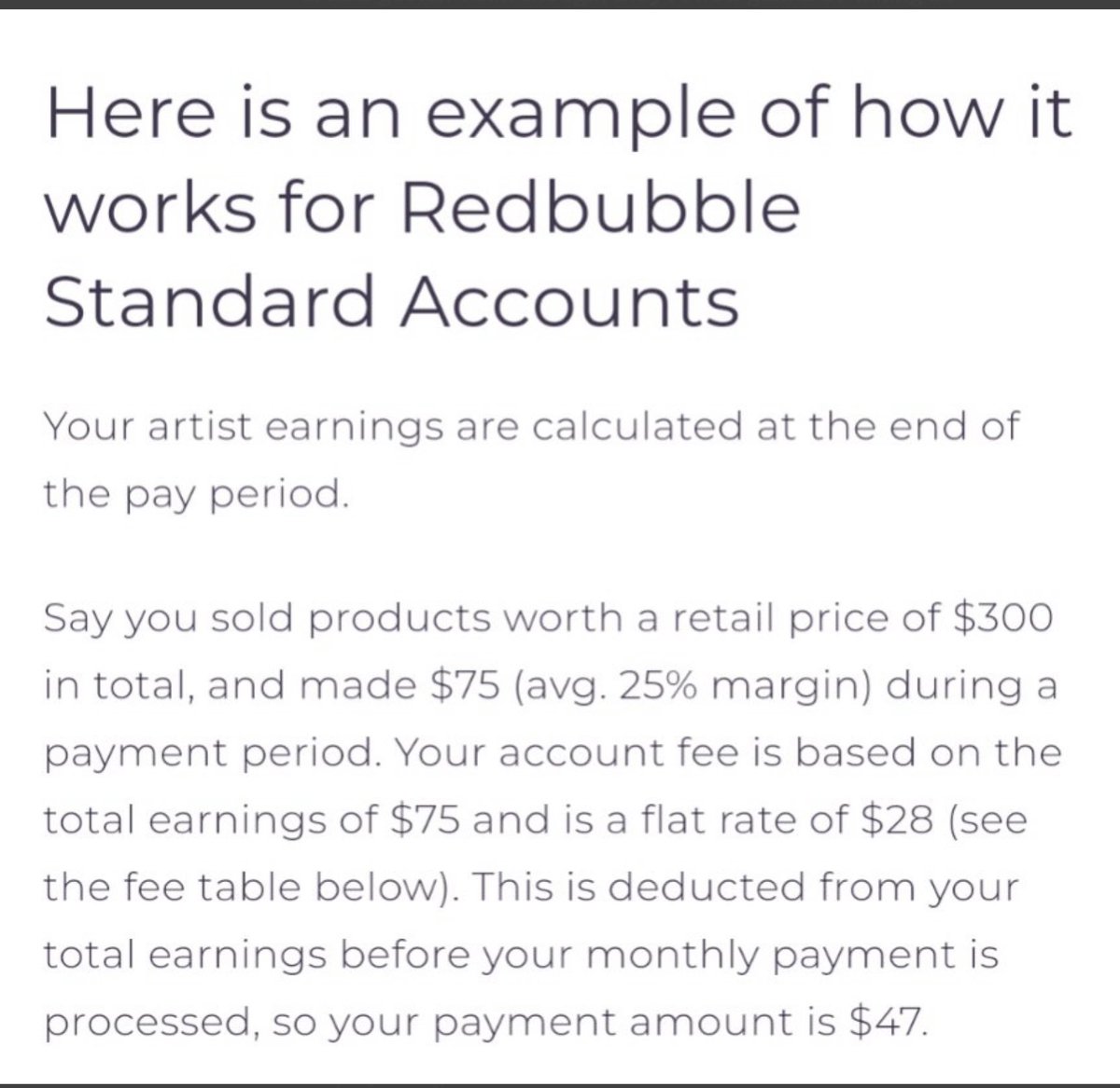 BIFFOxOFMD's tweet photo. Seriously @redbubble ? Wtf? You already take like 75% of each sale, now an account fee taking even more? I realize y’all are trying to get rid of all the small artists like me just starting out because we don’t make you the big bucks, but good lord this is evil. #redbubble https://t.co/GCwOJbf78w