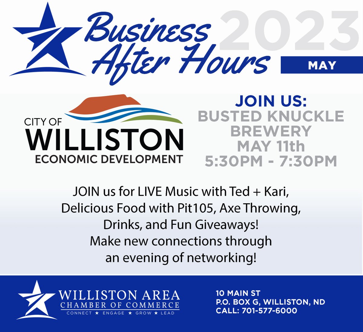 WillistonEcon's tweet photo. Join us on May 11th from 5:30 PM - 7:30 PM at Busted Knuckle Brewery for Business After Hours! There will be LIVE music, axe throwing, food provided by PIT105, drinks from Busted Knuckle Brewery and fun giveaways (more details to come 😉)! https://t.co/RkgO0C3L47