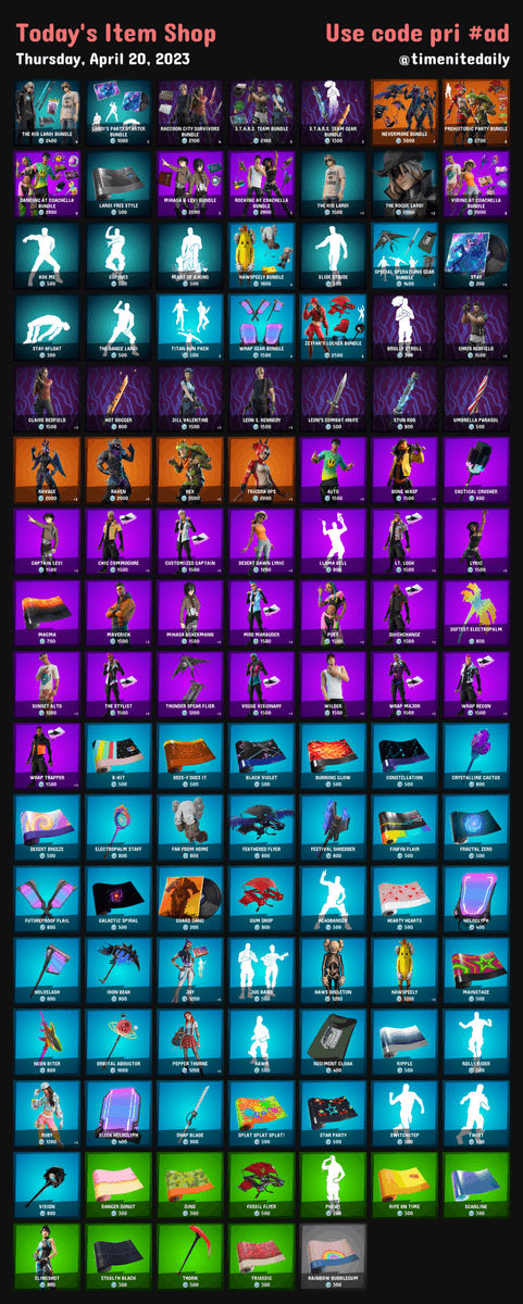 timenitedaily's tweet photo. 🌤 Today's Item Shop on #Fortnite
📅 Thursday, April 20, 2023
 
🌟 Use code pri to support #EpicPartner https://t.co/pNPugVvVTo
