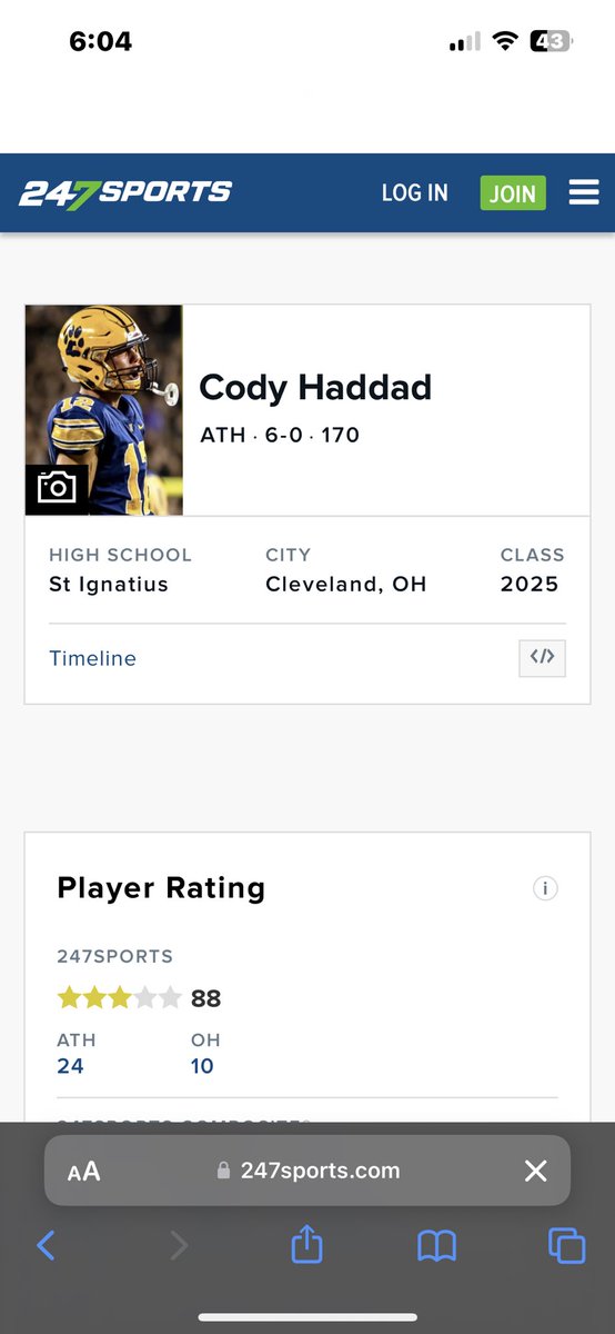 cody_haddad's tweet photo. Thank you @AllenTrieu @247Sports for rating me a 3⭐️ATH. @WildcatRecruit https://t.co/pTNJKLoNxX