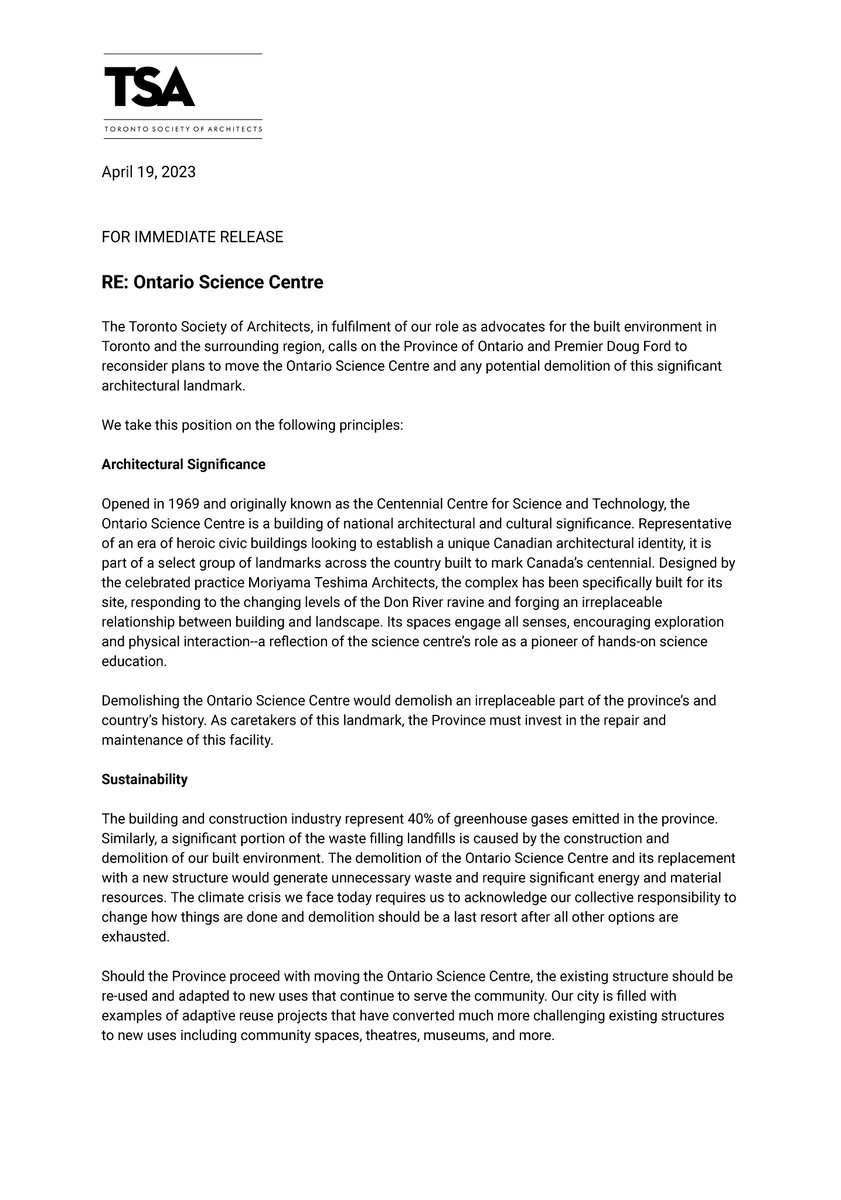 ToSoArch's tweet photo. We join other organizations, including @arconserve , in calling for the Provincial government to reconsider its plans to relocate the Ontario Science Centre and potentially demolish this architectural landmark. 

Read our full statement here: https://t.co/V5owVuUzPk https://t.co/KTuyTfEMKb