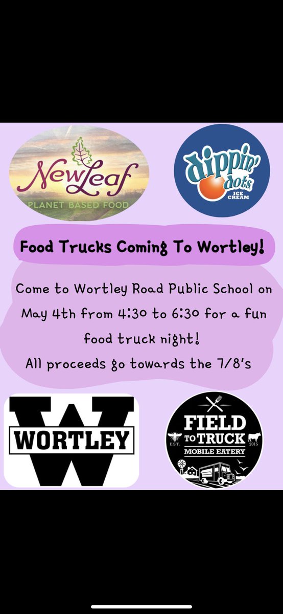 Wortley Road PS is having <a href="/fieldtotruck/">field to truck</a> <a href="/DippinDots/">Dippin' Dots</a> and New Leaf food trucks at the school from 4:30-6:30pm May 4. See you there!! <a href="/WortleyTVDSB/">Wortley Road P.S.</a> <a href="/wortleyvillage/">Wortley Village</a>