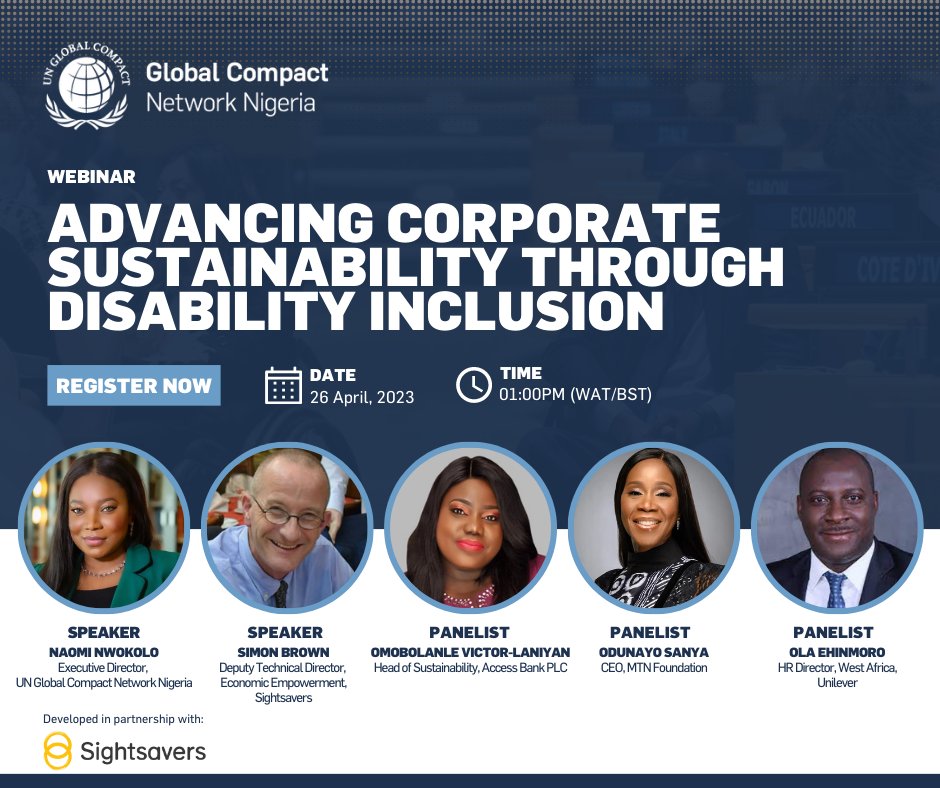 UN Global Compact Network Nigeria (@globalcompactng) on Twitter photo Panelists:
⏹Omobolanle Victor-Laniyan, Head, Sustainability, <a href="/myaccessbank/">Access Bank Plc</a> & Board Member, UN Global Compact Network Nigeria
⏹Odunayo Sanya, CEO, <a href="/MTNFoundation/">MTNC Foundation</a>
⏹Ola Ehinmoro, Human Resources Director, West Africa, <a href="/Unilever/">Unilever</a>.
#UnitingBusiness #DisabilityRights Panelists:
⏹Omobolanle Victor-Laniyan, Head, Sustainability, <a href="/myaccessbank/">Access Bank Plc</a> & Board Member, UN Global Compact Network Nigeria
⏹Odunayo Sanya, CEO, <a href="/MTNFoundation/">MTNC Foundation</a>
⏹Ola Ehinmoro, Human Resources Director, West Africa, <a href="/Unilever/">Unilever</a>.
#UnitingBusiness #DisabilityRights