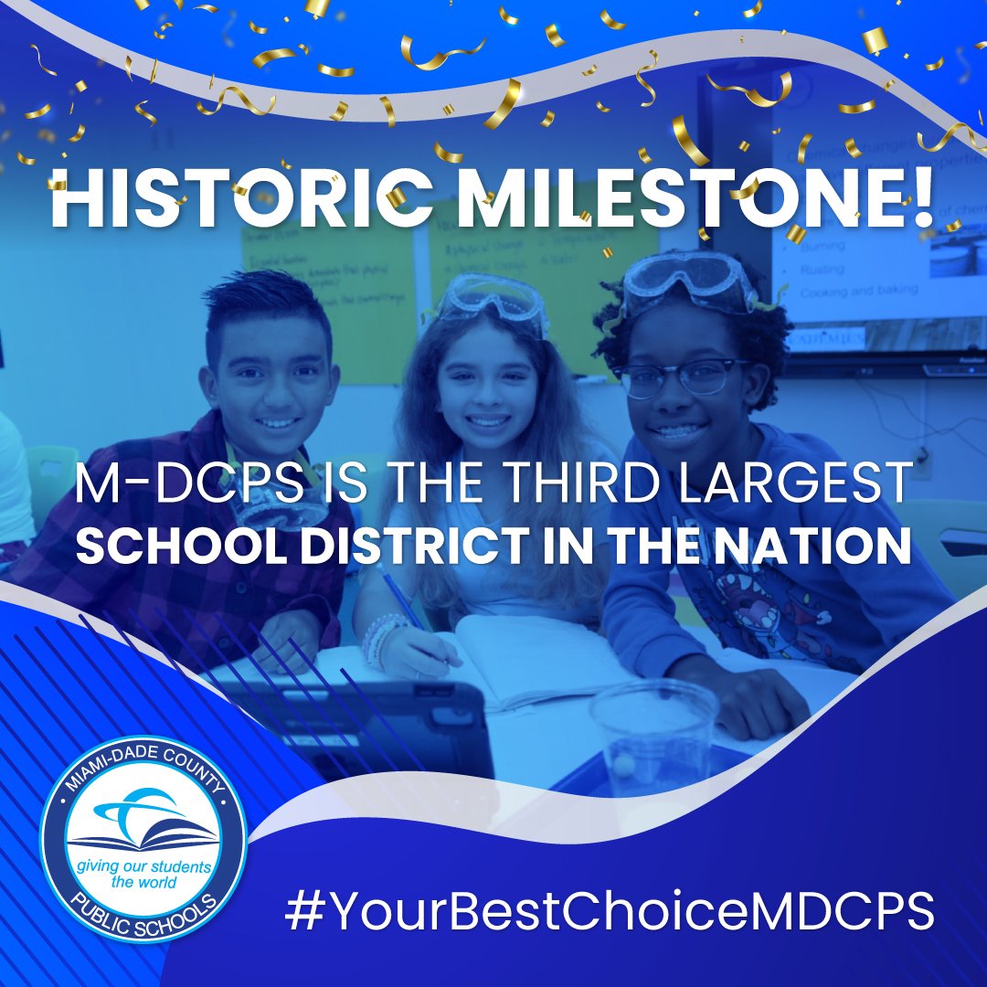 It’s official! The National Center for Education Statistics (<a href="/EdNCES/">NCES</a>) has named <a href="/MDCPS/">Miami-Dade Schools</a> the 3rd largest school district in the nation! This historic milestone is a testament to the collective &amp; collaborative effort of the M-DCPS family. #YourBestChoiceMDCPS