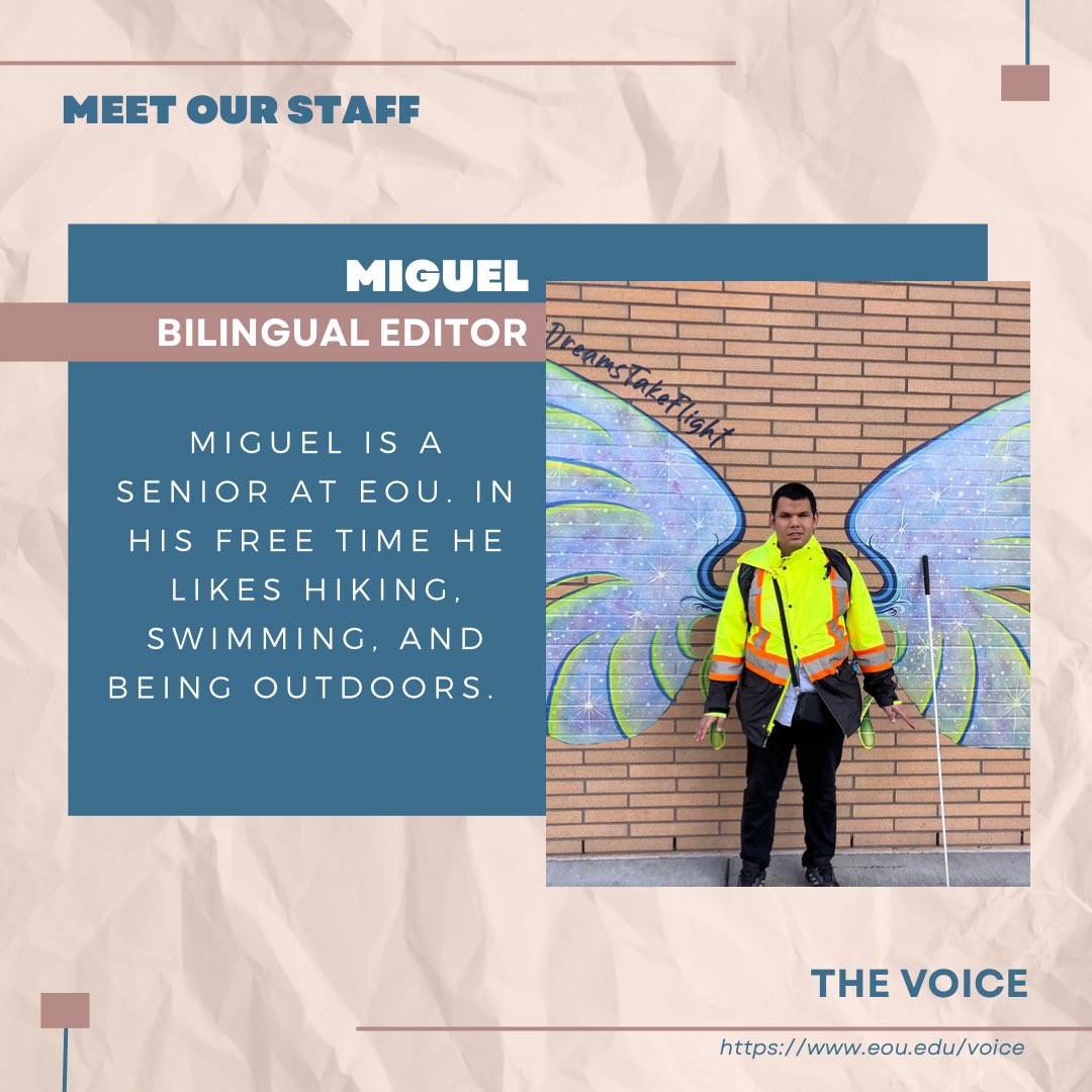 eouVoice's tweet photo. Our bilingual editor Miguel is a senior at Eastern Oregon University. In his free time he loves hiking, swimming, and just being outdoors. He enjoys all types of foods. https://t.co/E8tA3KPGaF