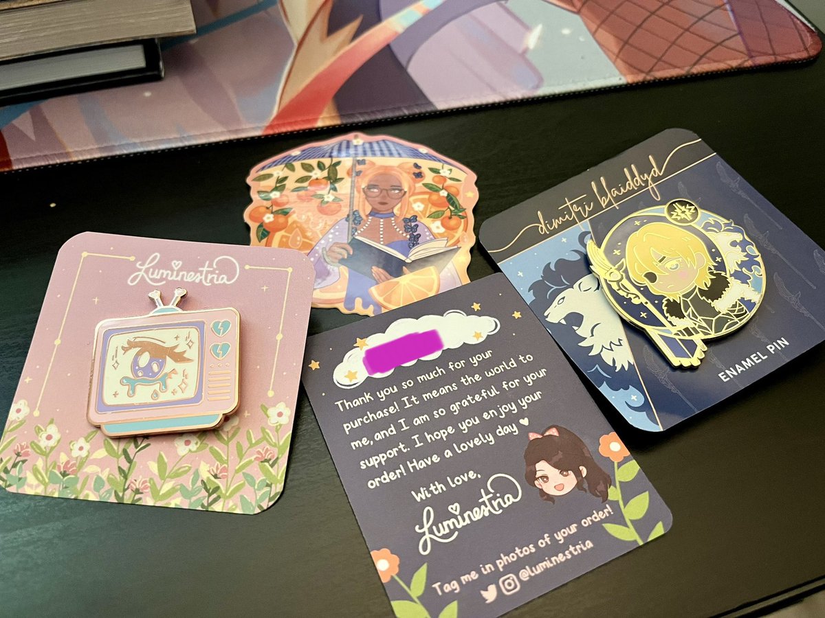 cyanspade's tweet photo. thank you so much to @luminestria for the beautiful enamel pins + the sticker!! time to add this to my board hehehe ✨✨ https://t.co/UtS975ZGSP