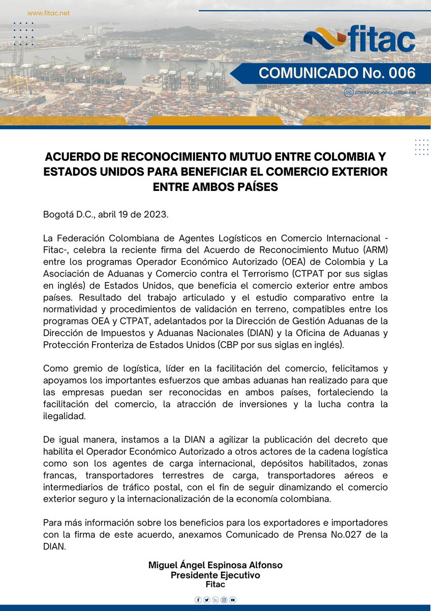 FITACNAL's tweet photo. #comunicadofitac
Como gremio de logística, líder en la facilitación del comercio, desde #fitac felicitamos y apoyamos los importantes esfuerzos que @DIANColombia y @CBP han realizado para lograr el Acuerdo de Reconocimiento Mutuo entre Colombia y Estados Unidos. https://t.co/FA4qxiTqh6