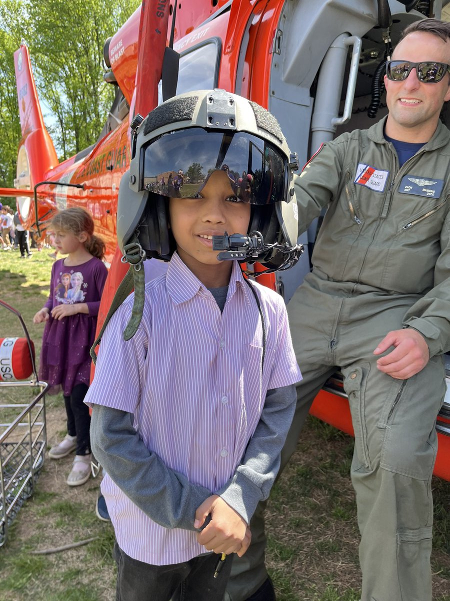 Purple Up <a href="/Mosaic_ES/">Mosaic Elementary School</a> was amazing!!! 💜💜 This lucky 1st grader started his day working hard in a reading group…and ended his day in a <a href="/USCG/">U.S. Coast Guard</a> helmet!  Thank you and your families for your service!  ❤️🚁💜