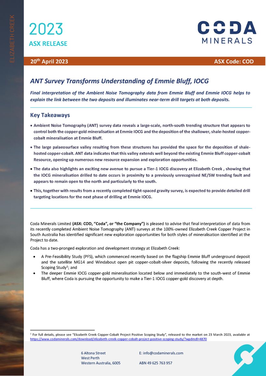 CodaMinerals's tweet photo. ASX Announcement: ANT Survey Transforms Understanding of Emmie Bluff, IOCG.  Read full announcement here  https://t.co/ANb9M7KkRu $COD #CodaMinerals #mining #miningaus #copper #stockmarket #investors #asxmarket #exploration #IOCG https://t.co/PnEtp43Hwp