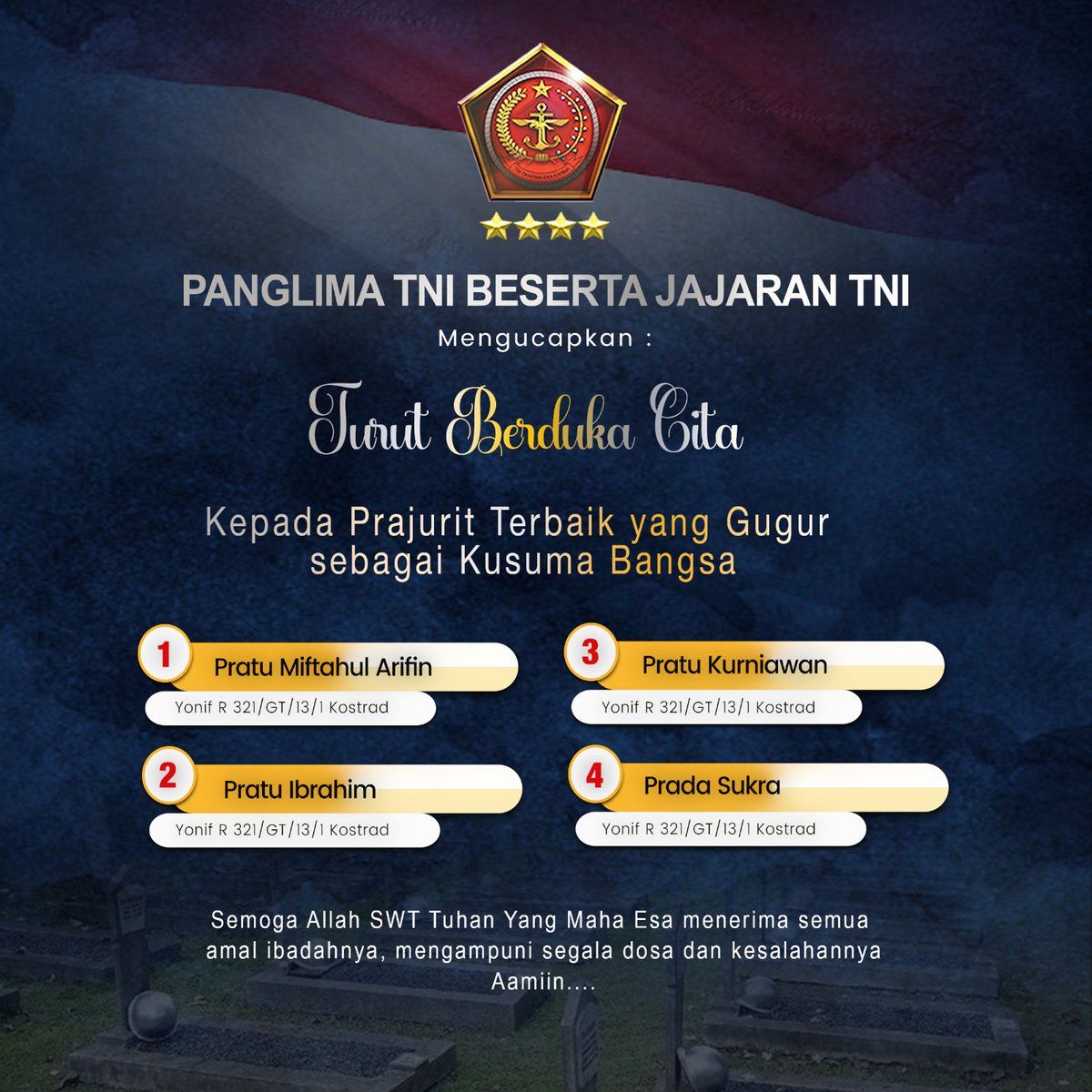 Panglima TNI beserta jajaran TNI mengucapkan: Turut Berduka Cita kepada Prajurit terbaik yang gugur sebagai Kusuma Bangsa.

#tni #puspentni #TNIPatriotNKRI #NKRIHargaMati