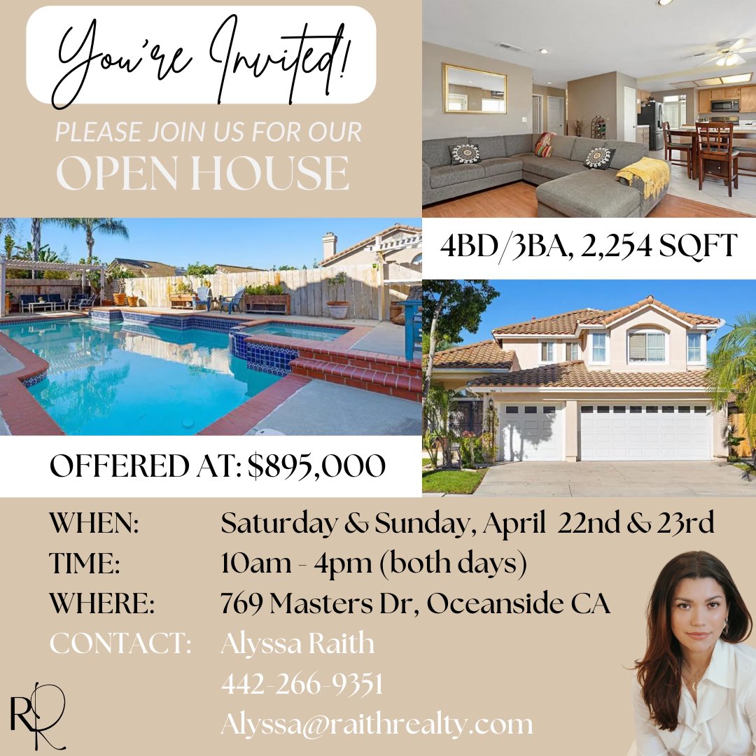 Join me this weekend for our open house! It’s a gorgeous 4 bed, 3 ba home on a quiet street in Oceanside-just off the 76! French doors lead out to a sparkling inground pool, with jacuzzi, (2) waterfalls and color changing lights! #sandiegorealtor #socalrealestate #oceansideca