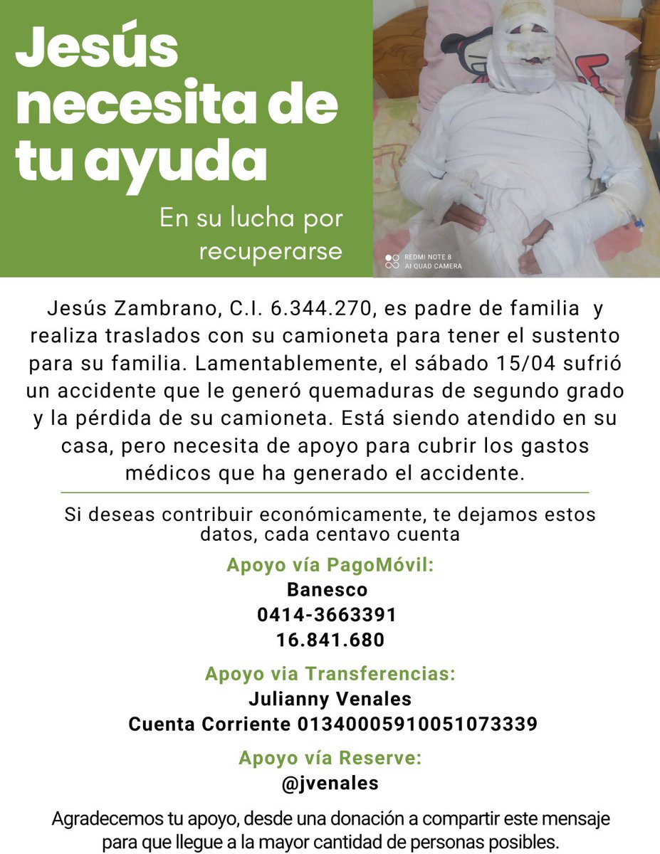 AlexaGomezDos's tweet photo. Buenas noches. El señor Jesús trabajaba con su camioneta y esta se incendió causándole quemaduras graves y daños a terceros que debe resarcir. Se encuentra en una situación delicada y su familia nos hace llegar su campaña.Cualquier aporte lo agradecen de todo corazón. Gracias 🙏🏼 https://t.co/2oQDABvzPJ