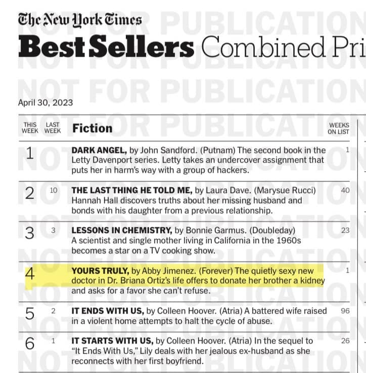 SO many high kicks for Abby Jimenez and her New York Times Best Selling book Yours Truly! #4 today on two lists! AMAZING!!