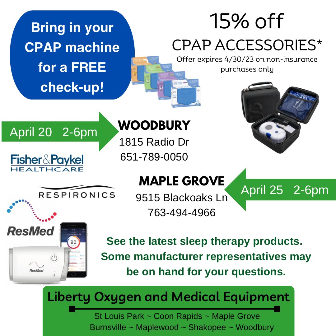 It’s not too late to visit Liberty Oxygen for a FREE CPAP CHECK! Stop by our #cpapclinic, meet the reps and enjoy 15% off cpap accessories! #sleeptherapy💤 #sleep8 #paptizercpapsanitizer #fisherpaykel #resmed #respironics #airmini