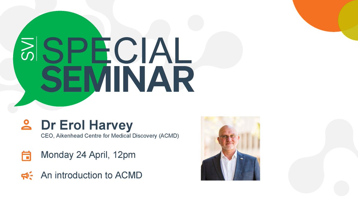Join us for a special seminar next Monday 24 April:

Dr Erol Harvey, CEO of <a href="/ACMD/">Ajay Chitkara</a> (Aikenhead Centre for Medical Discovery), will present on how the ACMD aims to turbo-charge #MEDTECH  innovation in Australia.

At 12pm - in person &amp; on Zoom.

More info:
bit.ly/2t638Ck