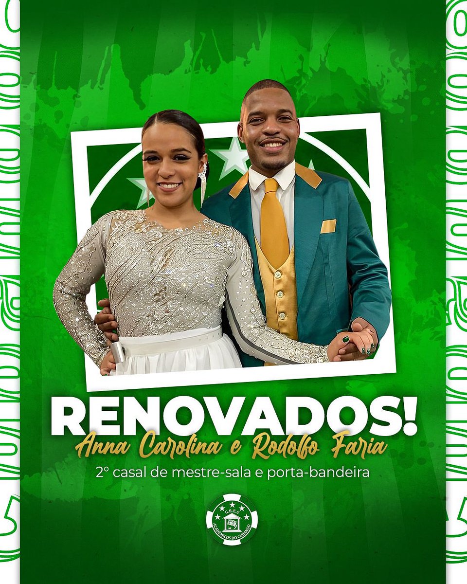 GresCubango's tweet photo. 🟢⚪️ RENOVADOS! Rodolfo Faria e Anna Carolina seguem defendendo o segundo pavilhão verde e branco da Mais Querida de Niterói! 

Desejamos um ano incrível de trabalho! 
Avante, Cubango! 💚 

#Cubango #Carnaval2024 #AMaisQueridaDeNiteroi https://t.co/Cdo4gMTFGb
