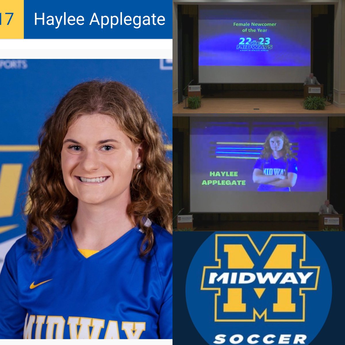 MidwayWSoccer's tweet photo. Congratulations to freshmen Haylee Applegate for being nominated Female Newcomer of the Year. https://t.co/gb2zEgmohZ
