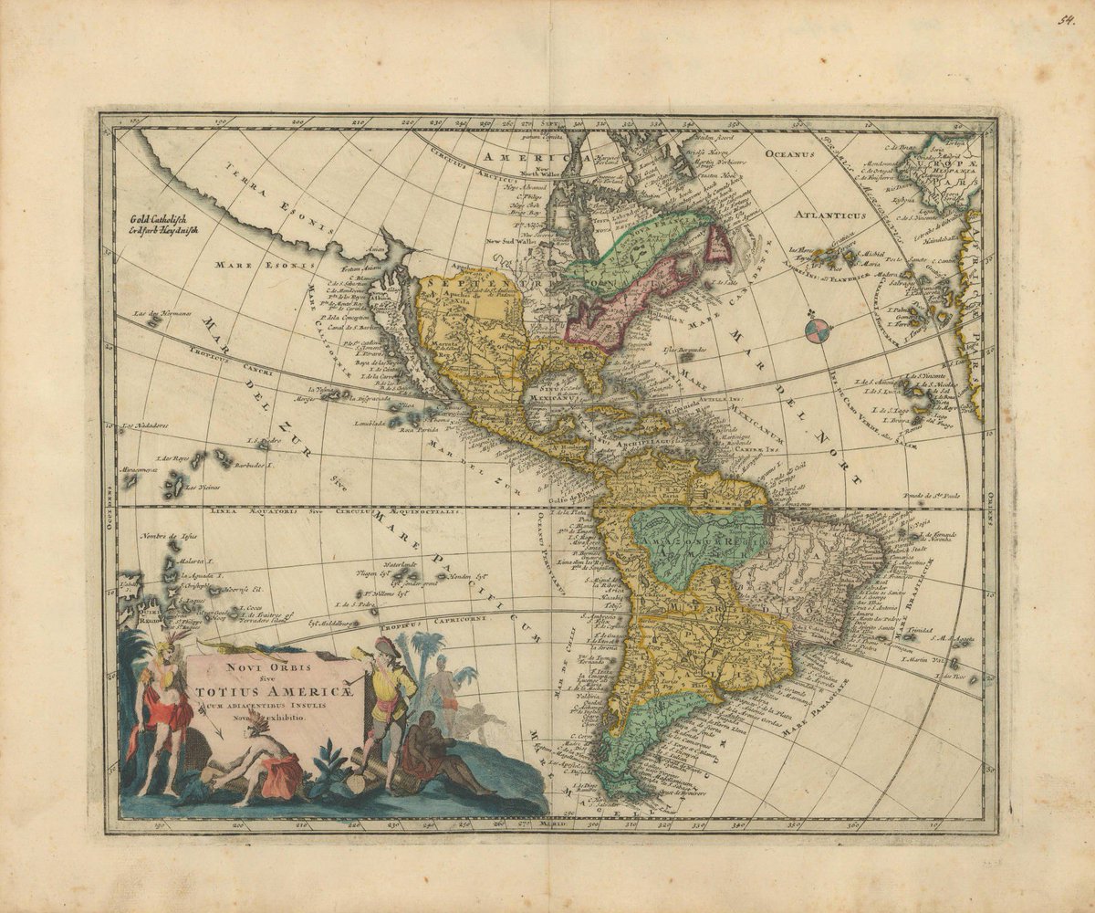 No te pierdas la novedosa presentación de América con las islas adyacentes, un mapa de 1725. El grabado que enmarca el título muestra a dos indígenas y un colonizador fumando la pipa de la paz.

Disponible en la #BibliotecaVirtualBR: ow.ly/CeJo50NKW5T