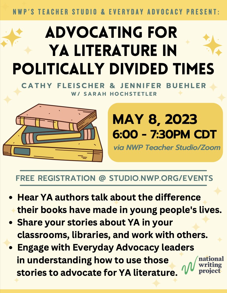 📢Educators! Join <a href="/CathyFleischer1/">Cathy Fleischer</a>, <a href="/ProfBuehler/">Jennifer Buehler</a> &amp; me on 5/8, 6-7:30 CDT for a FREE #EverydayAdvocacy webinar ➡️YA Literature in Politically Divided Times⬅️ hosted by <a href="/writingproject/">Writing Project</a> on the Write Now Teacher Studio platform. Details below... 1/2