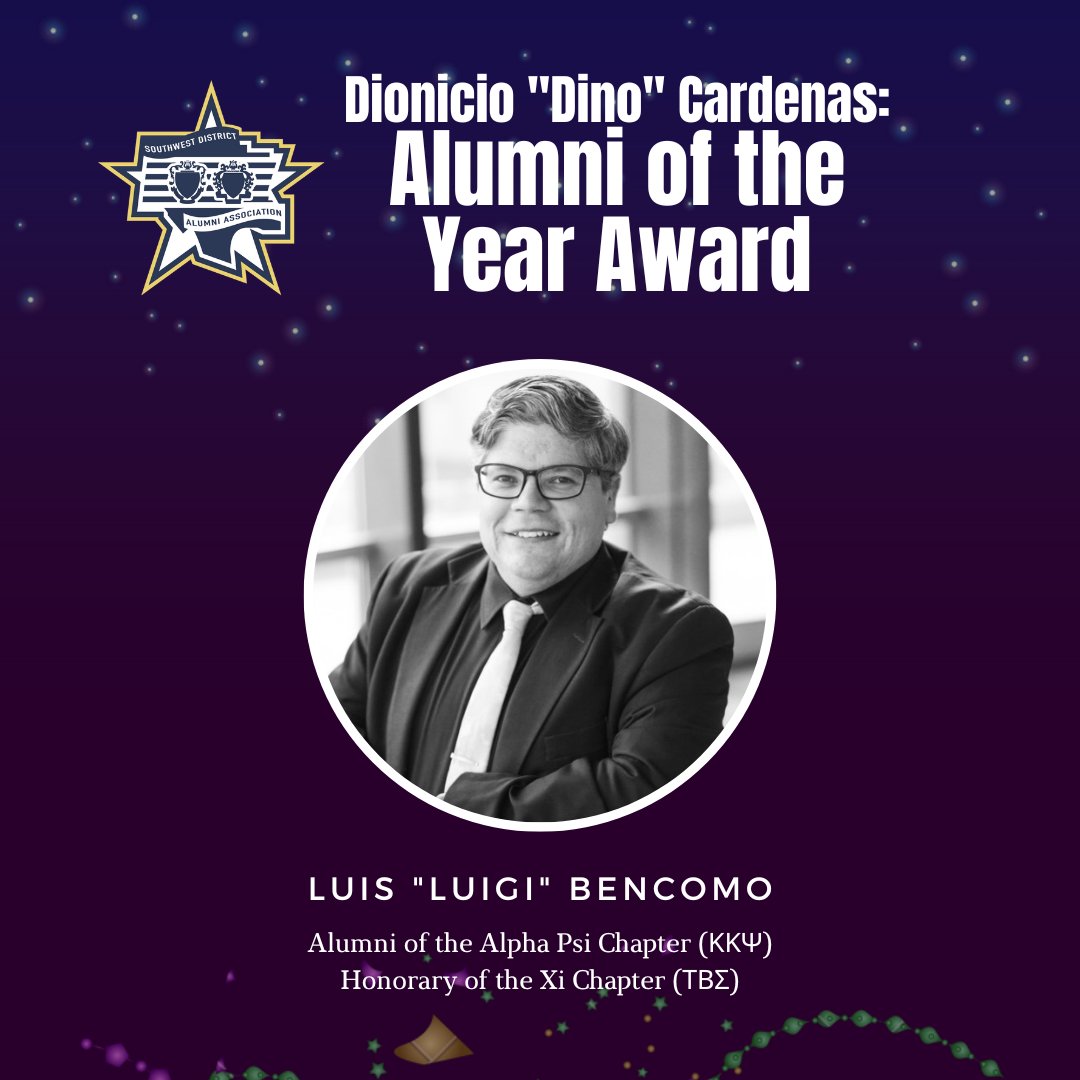 SWDAlumni's tweet photo. Please help us congratulate our 2023 Dionicio "Dino" Cardenas: Alumni of the Year Award recipient, Luis "Luigi" Bencomo! Congratulations! πππ
.
For more information on this award, please visit our Facebook page.
.
#SWDAA #DinoAOTY #SWDAAPrograms #KKPsi #TBSigma https://t.co/Xjct9fQTNs