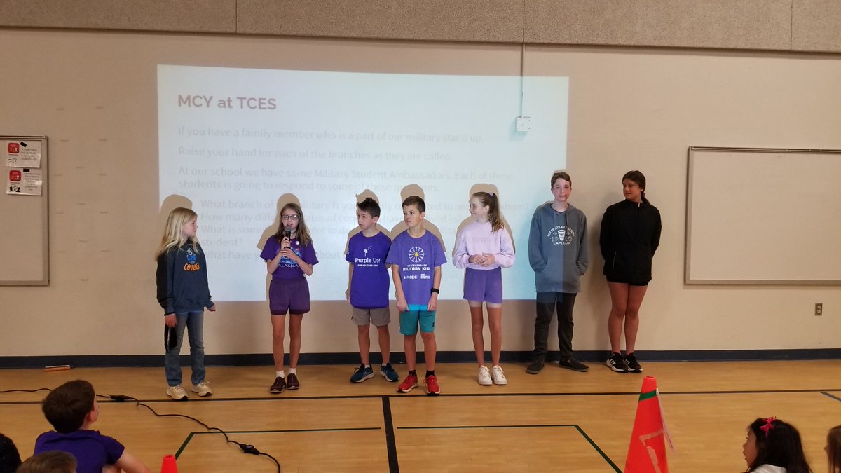 TerraCentreES's tweet image. A great start to Purple Up! day at TC-whole school morning meeting with our military connected youth (MCY) ambassadors. Thank you for sharing your stories with everyone! 💜🐯