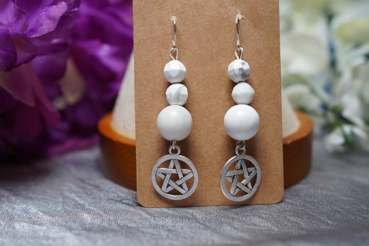 🌟 Check out our howlite and pentacle charm earrings! Howlite is a stone of calmness, patience, clarity of thought, making it perfect for spiritual and emotional healing. Add some magic to your accessories with these ✨#metaphysicaljewelry #pentaclecharm buff.ly/40S9KPZ