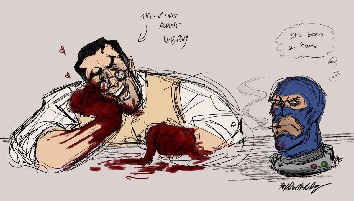 Dunkle_Dog's tweet photo. //blood and severed spy head [no gore]

golly gee willikers i almost forgot to post these here
they're smitten in their own weird little ways
#TF2 #TeamFortress2 #TF2fanart https://t.co/C77duQl0kV