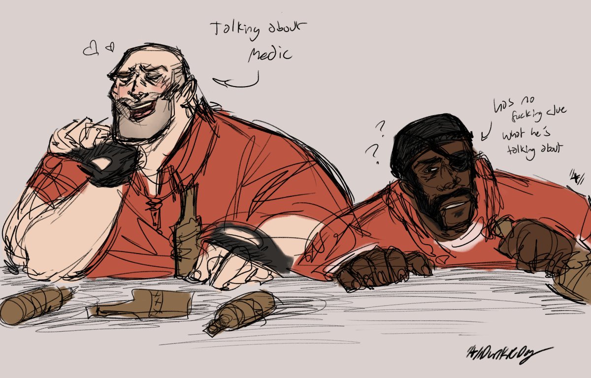 Dunkle_Dog's tweet photo. //blood and severed spy head [no gore]

golly gee willikers i almost forgot to post these here
they're smitten in their own weird little ways
#TF2 #TeamFortress2 #TF2fanart https://t.co/C77duQl0kV