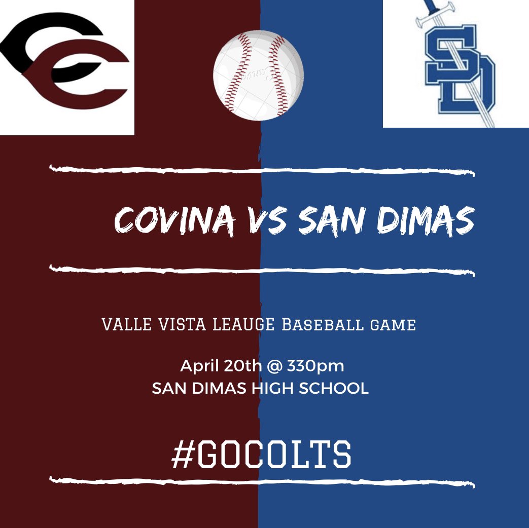 Covina Colts HS Baseball (@coltshsbaseball) on Twitter photo Back it again on the road against San Dimas, game time is at 330 at San Dimas. Come out and support your Colts!! <a href="/CovinaColts/">Covina High School</a> <a href="/CovinaAthletics/">Covina HS Athletics</a> <a href="/SGVNSports/">Fred J. Robledo π¨π»βπ»</a> <a href="/James_Escarcega/">James Escarcega πππβΎοΈπ₯ π€Όπ€½π½ββοΈππΌββοΈππ»β½οΈ</a> Back it again on the road against San Dimas, game time is at 330 at San Dimas. Come out and support your Colts!! <a href="/CovinaColts/">Covina High School</a> <a href="/CovinaAthletics/">Covina HS Athletics</a> <a href="/SGVNSports/">Fred J. Robledo π¨π»βπ»</a> <a href="/James_Escarcega/">James Escarcega πππβΎοΈπ₯ π€Όπ€½π½ββοΈππΌββοΈππ»β½οΈ</a>