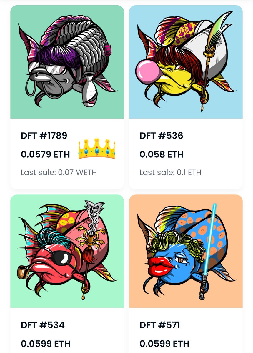 miner_ca's tweet photo. 🐡本日のDFTフロア価格発表!🐡
　　　🌟0.0579eth！🌟

　　これからも���り上げて行こう‼️
　　
　　　👑の魚はお得かも〜！
　　　
今日も#chokkaku_mooooooon🚀
#BuzzDFT #DFT #DFTSW
⬇️DFT購入リンク⬇️
https://t.co/03CLPAUO7l https://t.co/LsC6D0syoX