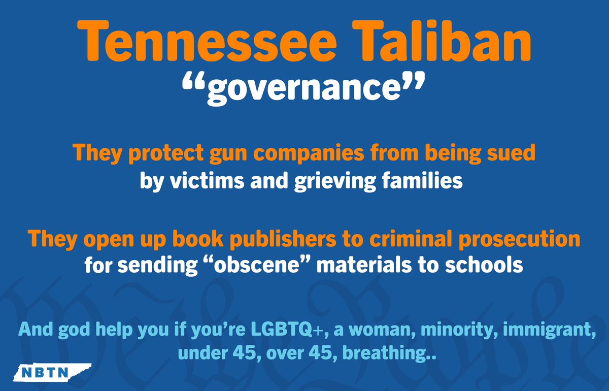 NewBlueTenn's tweet photo. “Ban books, not guns!” - @TNGOP
#BackgroundChecks #RedFlagLaws #OrderofProtection @newblueknox @newbluehamilton @JacksonJohnsonI @CombatCoun12073 @MartyTa94849826 @AllisonGormanTN @Shelley_Wilmoth @SaltySoclWrkr https://t.co/YEK6MC5WcA